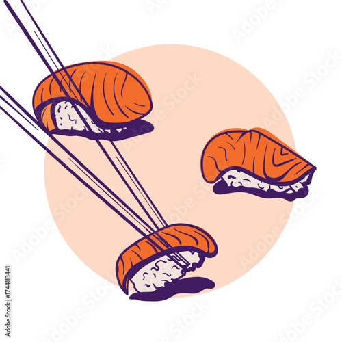Sushi hand drawn illustration in nigiri sushi type with chopstick. sushi street food template design