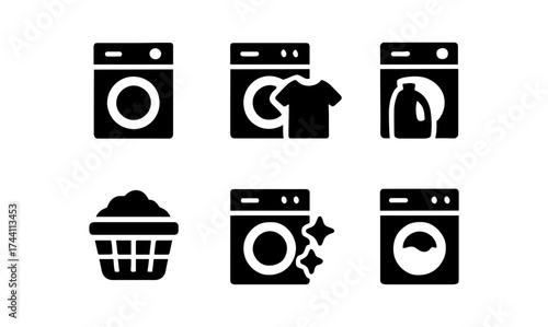 Set of six minimalist washing machine icons for laundry apps