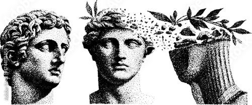 Intricate dotwork stippling illustration of ancient greek and roman busts for art design