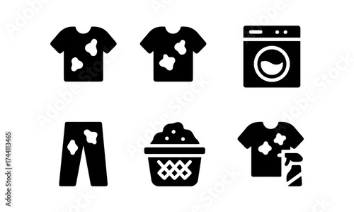 Laundry icon set: washing machine and detergent symbols for clothing care