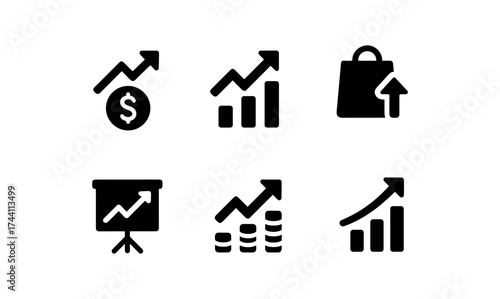 Bold black icons depicting growth and financial success