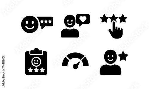 Customer feedback icons: smiley faces and rating elements in black silhouette style