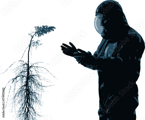 Vector art of silhouette of a person in a hazmat suit reaching out to a plant with large roots