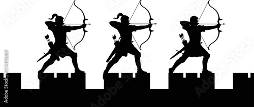 Vector art of silhouettes of three archers with bows and arrows standing on a castle wall, ready to shoot