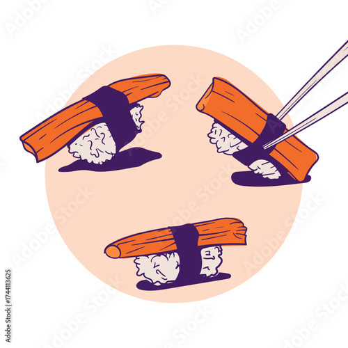 Nigiri sushi design with crab stick and sushi rice in hand drawn style. asian food template design