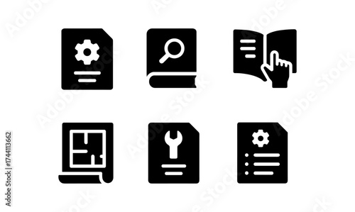 Black silhouette icons of documents, tools, and books in a modern design style