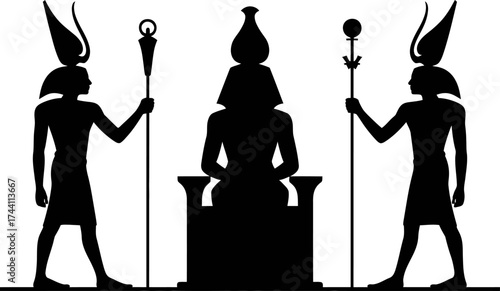 Vector art of silhouette of ancient egyptian gods or pharaohs with headdresses and staffs, seated on a throne