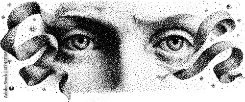 Intricate dotwork stippling of angelic eyes with decorative elements