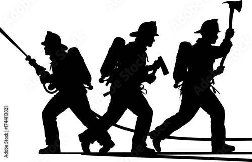 Vector art of silhouettes of three firefighters in uniform with helmets, carrying equipment and running
