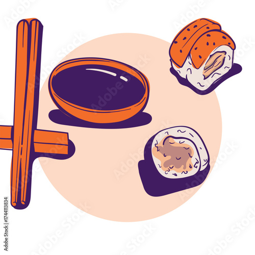 Hand drawn Sushi design with chopstick and salty soy sauce template for asian street food campaign
