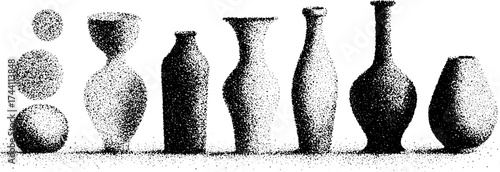 Intricate dotwork illustration of arches and geometric vases for artistic design