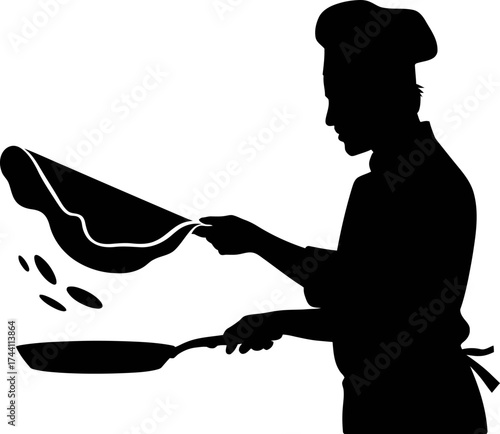 Vector art of silhouette of a chef tossing food in a frying pan while cooking