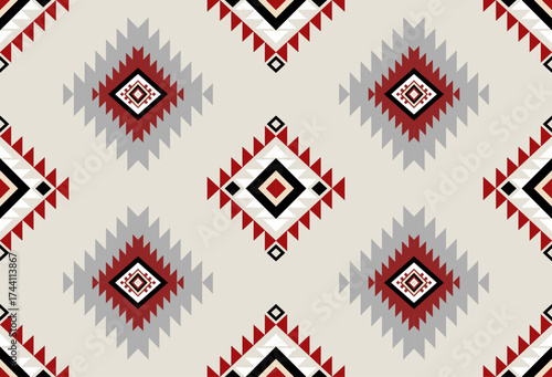 Seamless geometric ethnic pattern inspired by Native American tribal fabric. Traditional Aztec and Navajo style carpet and tile vector design on navy blue background. Perfect for textile, wrapping,