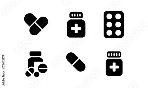 Medical capsules and pill bottle icons in black silhouette style