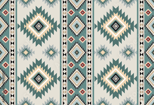 Seamless geometric ethnic pattern inspired by Native American tribal fabric. Traditional Aztec and Navajo style carpet and tile vector design on navy blue background. Perfect for textile, wrapping,