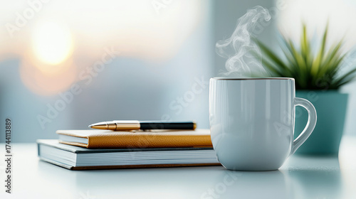 Morning coffee mug and notebook on desk with sunrise background