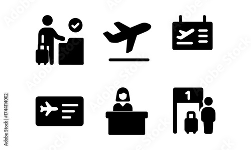 Airport travel icons: flight, check-in, and boarding silhouettes for travel design