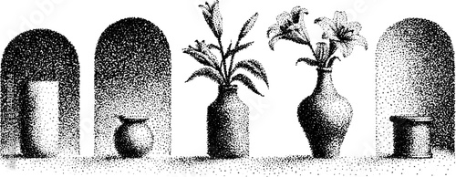 Intricate dotwork stippling of arches and lilies in decorative vases for artistic design