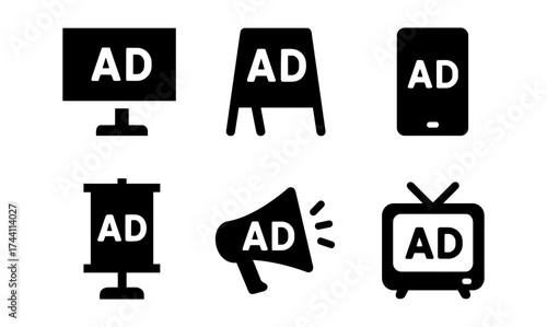 Silhouette advertising icons: digital, print, and broadcast mediums collection