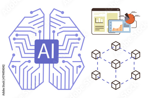 AI circuit brain, blockchain network, and digital analytics dashboard with graphs and charts. Ideal for AI, blockchain, data science, technology innovation, big data solutions, machine learning