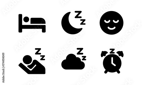 Sleep and rest icons set featuring bed, moon, cloud, and alarm clock designs