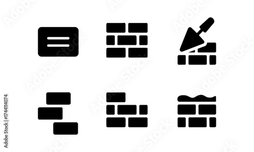 Construction icon set: brick wall symbols and building tools in bold style