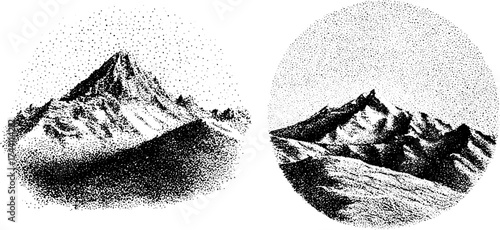 Intricate dotwork stippling illustrations of mountainous waves in binary patterns for design