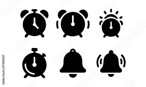 Minimalistic black silhouette alarm clocks and bells set for time management designs