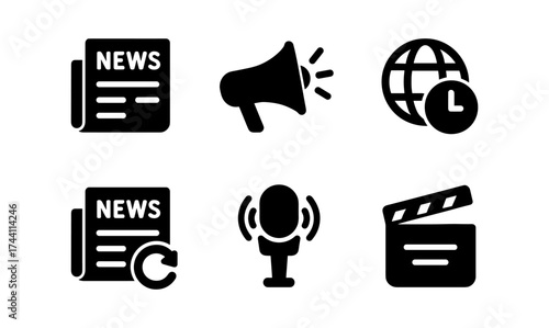 Media and communication icons set: news, megaphone, globe, microphone, clapperboard