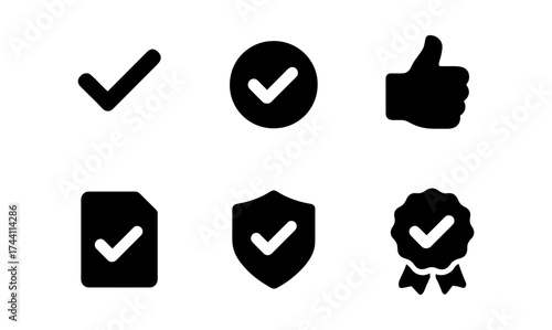 Set of black checkmark, shield, and thumbs up icons for approval and validation design