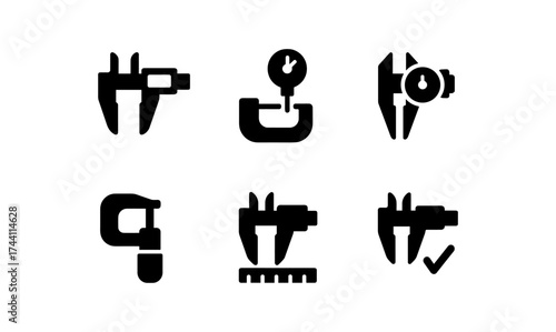 Precision measuring tool icons: calipers and gauges silhouette set