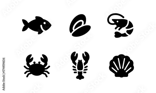 Silhouette sea creatures set for seafood and marine themes