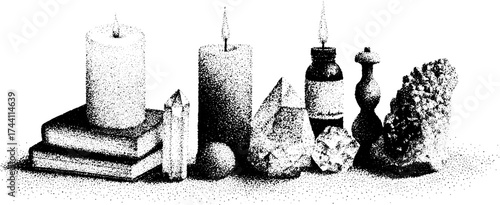 Mystical candle spell setup with crystals and books in detailed dotwork stipple art