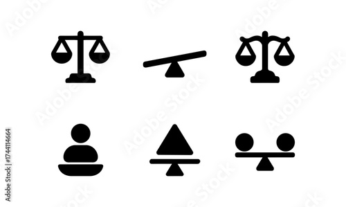 Silhouette balance icons set: scales, seesaws, equality symbols