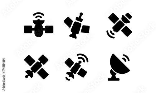 Satellite and antenna icons: black silhouette communication symbols collection