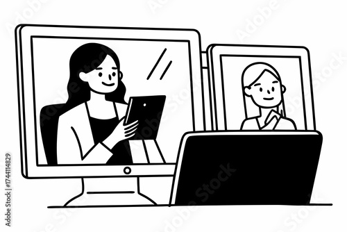 Technology for modern business. Cheerful confident young businesswoman finance advisor personal assistant manager consultant networking with client in chat using digital pad browse information online