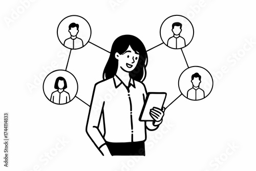 Technology for modern business. Cheerful confident young businesswoman finance advisor personal assistant manager consultant networking with client in chat using digital pad browse information online