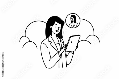 Technology for modern business. Cheerful confident young businesswoman finance advisor personal assistant manager consultant networking with client in chat using digital pad browse information online