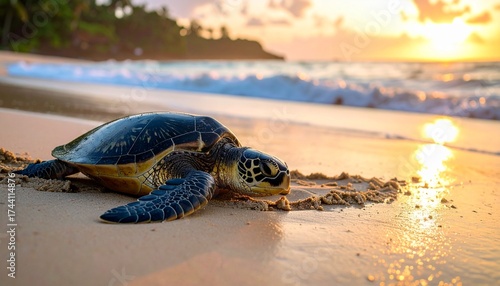 ウミガメとシンプルな砂浜の背景画像 Generated by AI