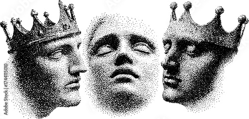 Intricate dotwork stippling of crowned faces for vintage design and art concepts