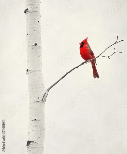 Bright red northern cardinal perched on birch branch in soft light