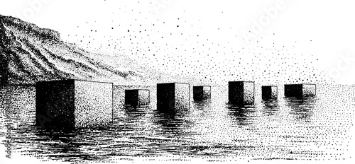 Surreal cube sanctuaries: dotwork stippled landscape with water and mountains