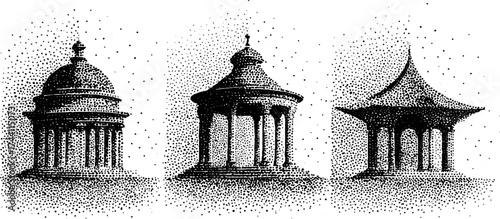 Detailed dotwork stippling illustration set of three ornate architectural structures
