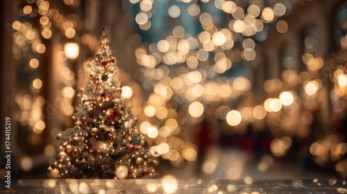 Fototapeta Naklejka Na Ścianę i Meble -  Christmas tree with lights on a street at night with the streets in the background with out-of-focus Christmas lights