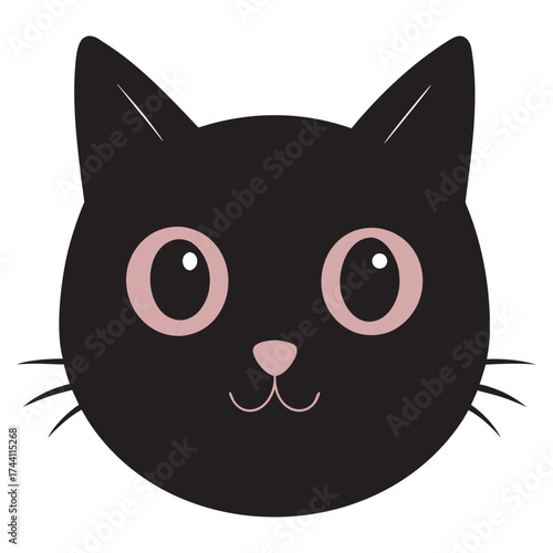 Cute cartoon black cat with big green eyes and pointed ears, A cute, cartoon black cat with large, expressive green eyes and pointed ears, isolated on a white background.