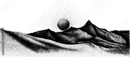 Dotwork landscape with disappearing lines and abstract sunburst effect