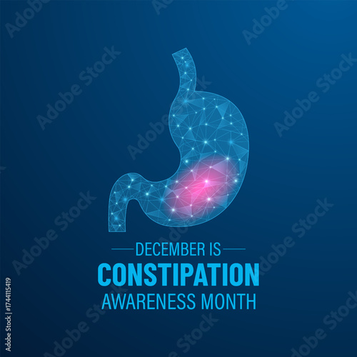Constipation awareness month is observed every year in December background, banner or poster design template. Pelvic pain stomachache medical healthcare concept. Designed in a low poly style. Eps 10.