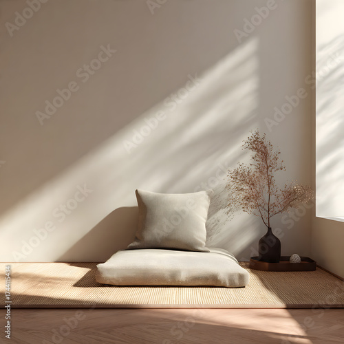 Calm minimalist meditation corner with cushion and dried plant