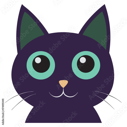 Cute cartoon black cat with big green eyes and pointed ears, A cute, cartoon black cat with large, expressive green eyes and pointed ears, isolated on a white background.