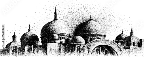 Stipple dotwork illustration of architectural domes and arches